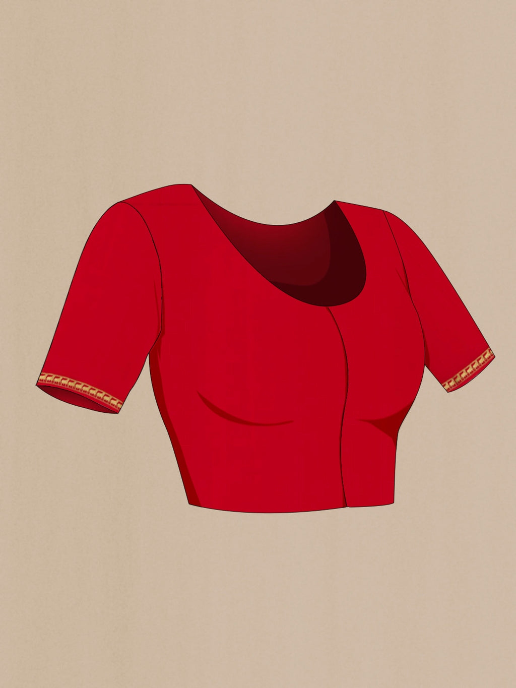 Close up image of the blouse of Red Mysore Crepe Saree with Plain Body and Zari Border. 