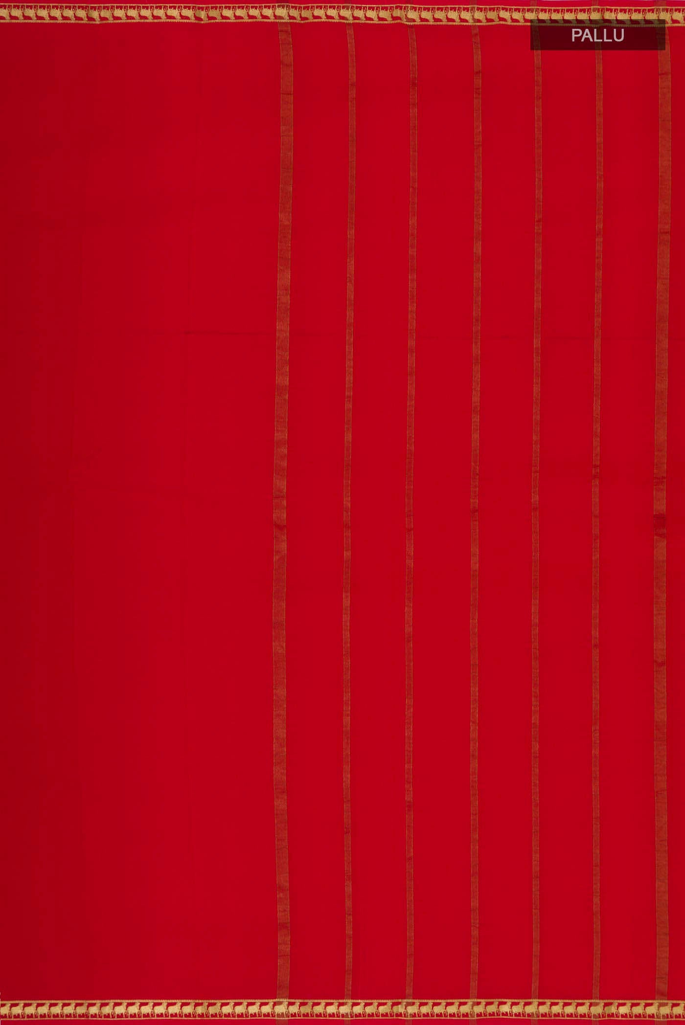 Close up image of the pallu of Red Mysore Crepe Saree with Plain Body and Zari Border. 