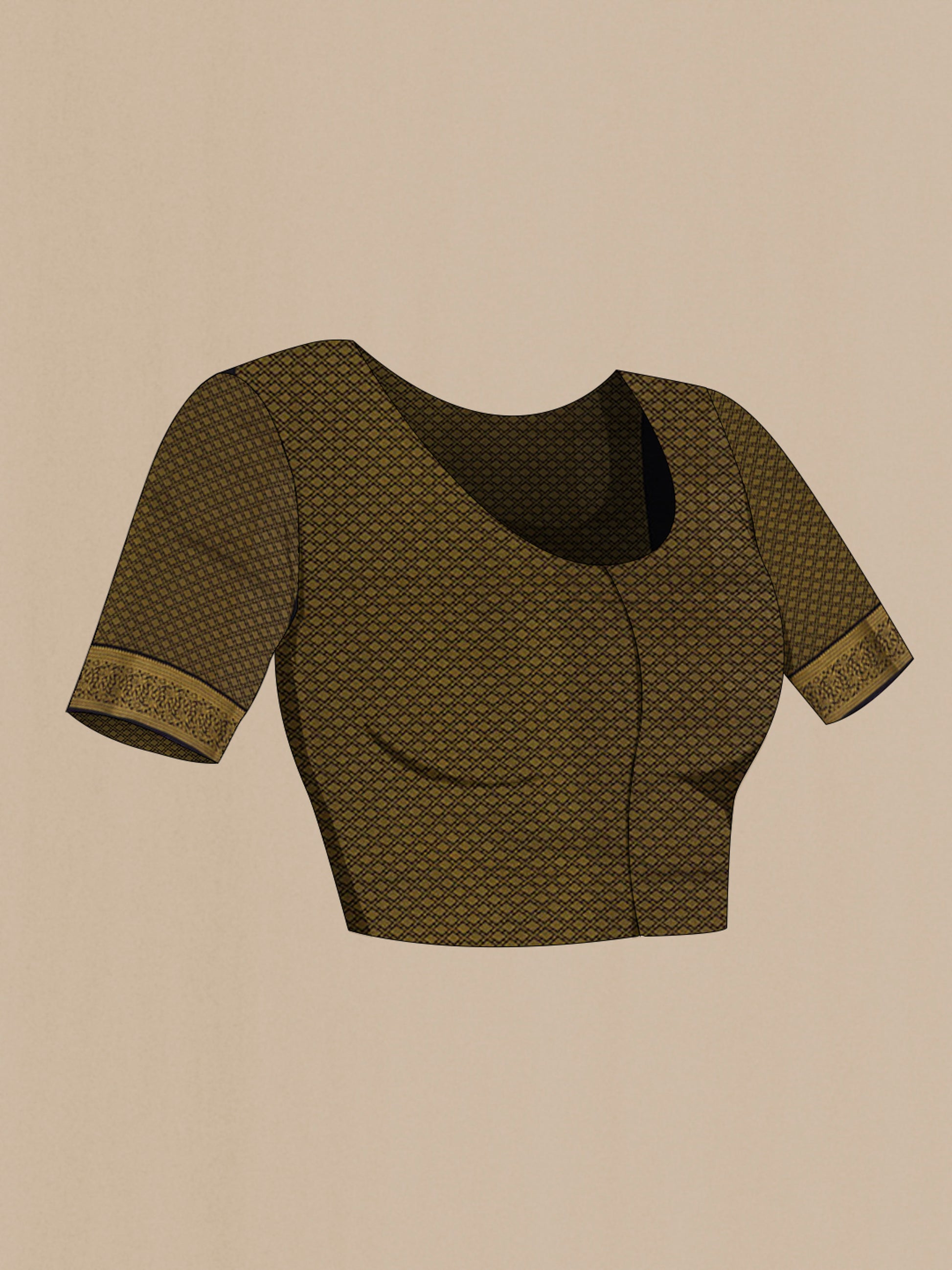 Close up image of the blouse of Black Crepe Saree with Floral Print on the body and Zari Border. 