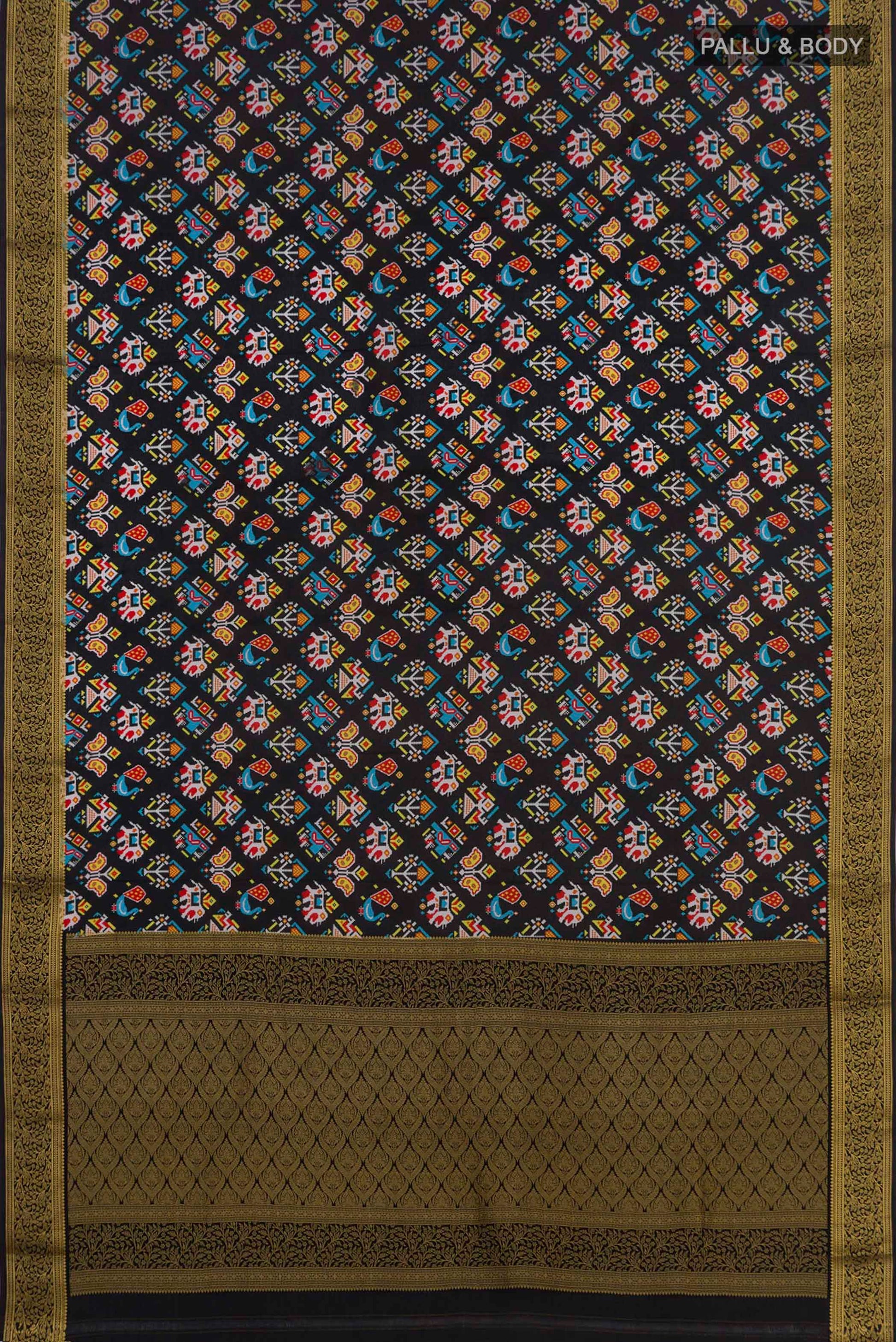 Flat view of Black Crepe Saree with Floral Print on the body and Zari Border. 