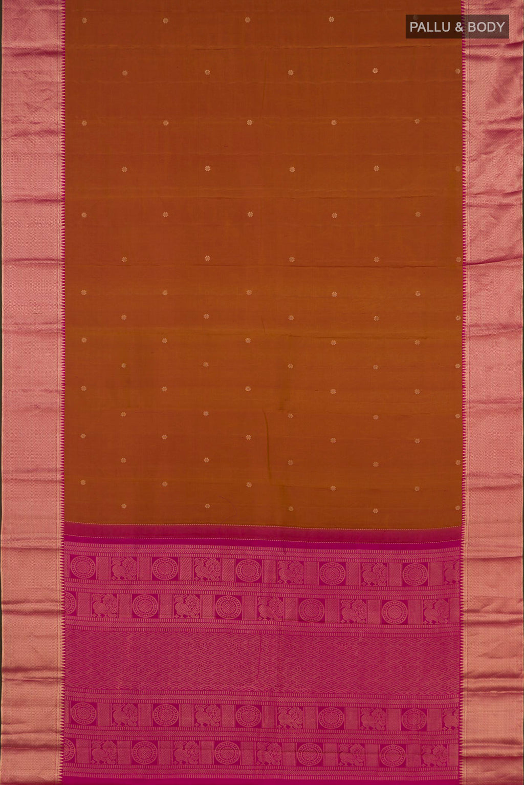 Flat view of Mustard Kanchipuram Saree with Zari Butta on the body and Zari Border. 