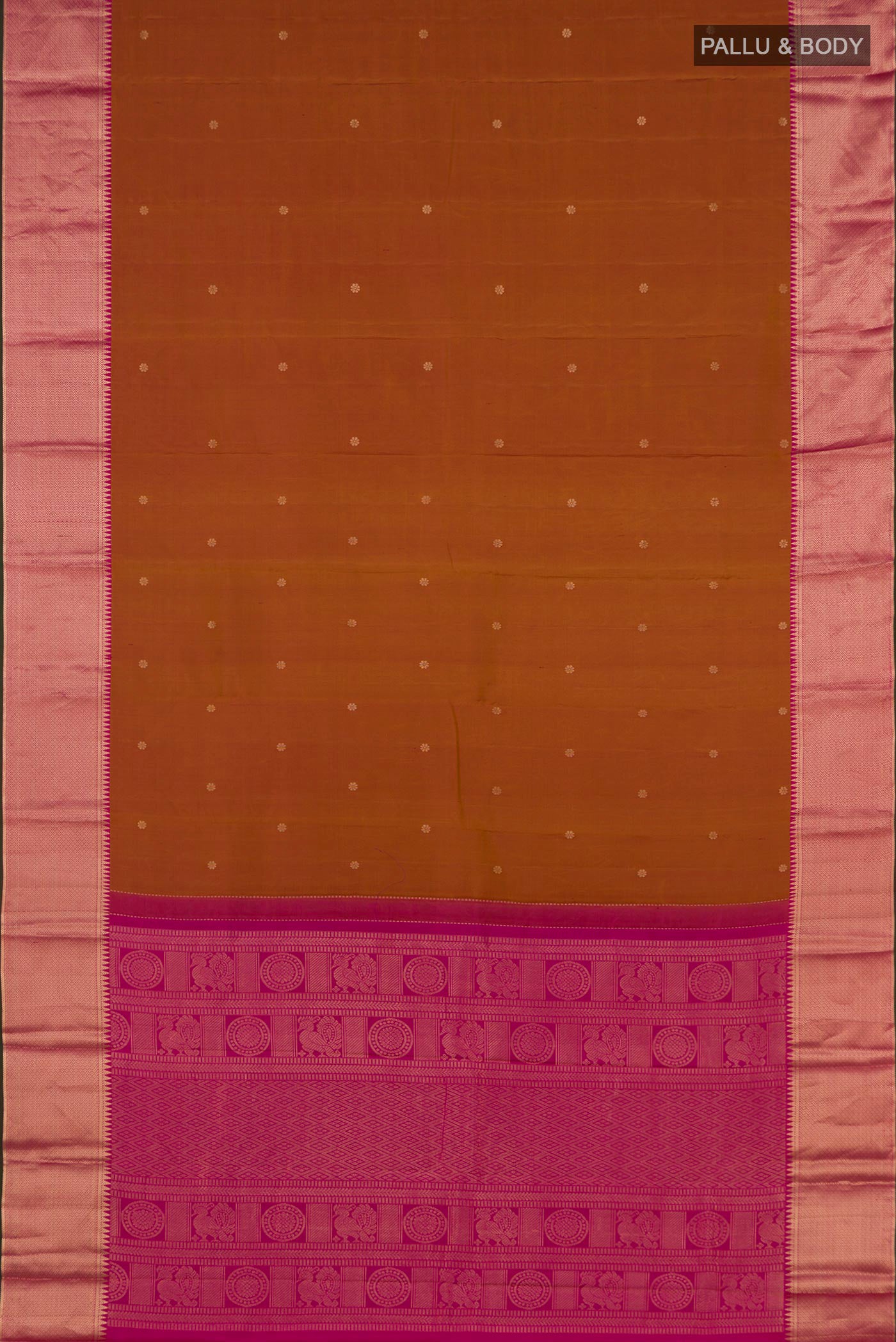 Flat view of Mustard Kanchipuram Saree with Zari Butta on the body and Zari Border. 