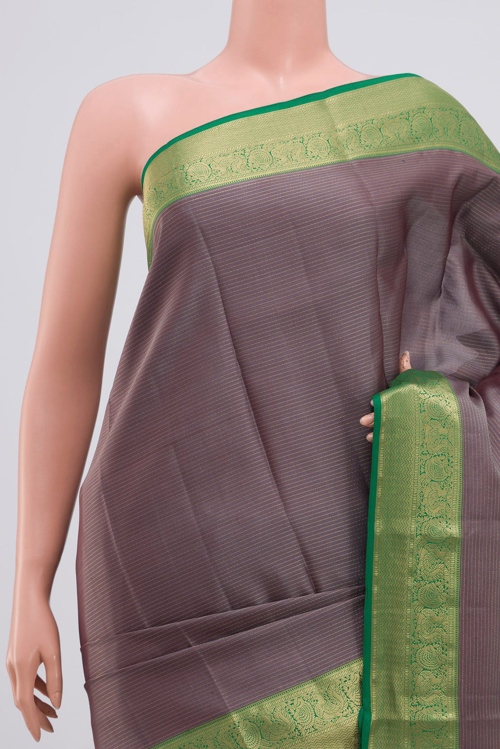 Border image of Grey Kanchipuram Saree with Stripes on the body and Zari Border. 