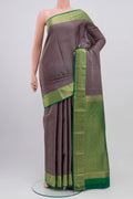 Grey Kanchipuram Saree with Stripes on the body and Zari Border.  displayed on a mannequin