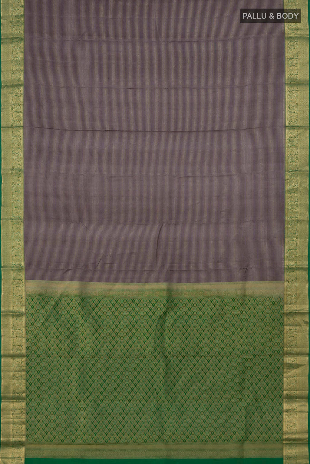 Flat view of Grey Kanchipuram Saree with Stripes on the body and Zari Border. 