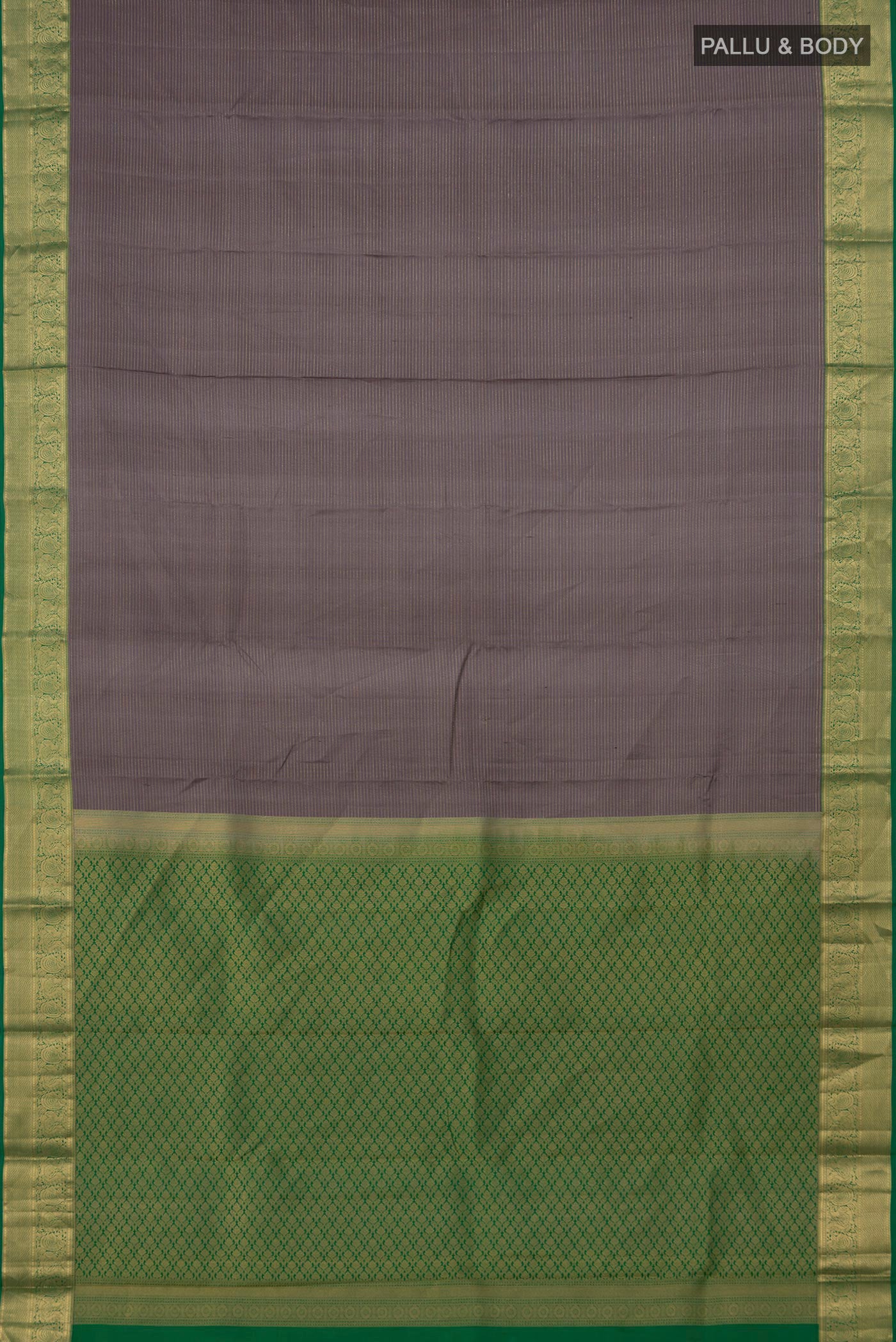 Flat view of Grey Kanchipuram Saree with Stripes on the body and Zari Border. 