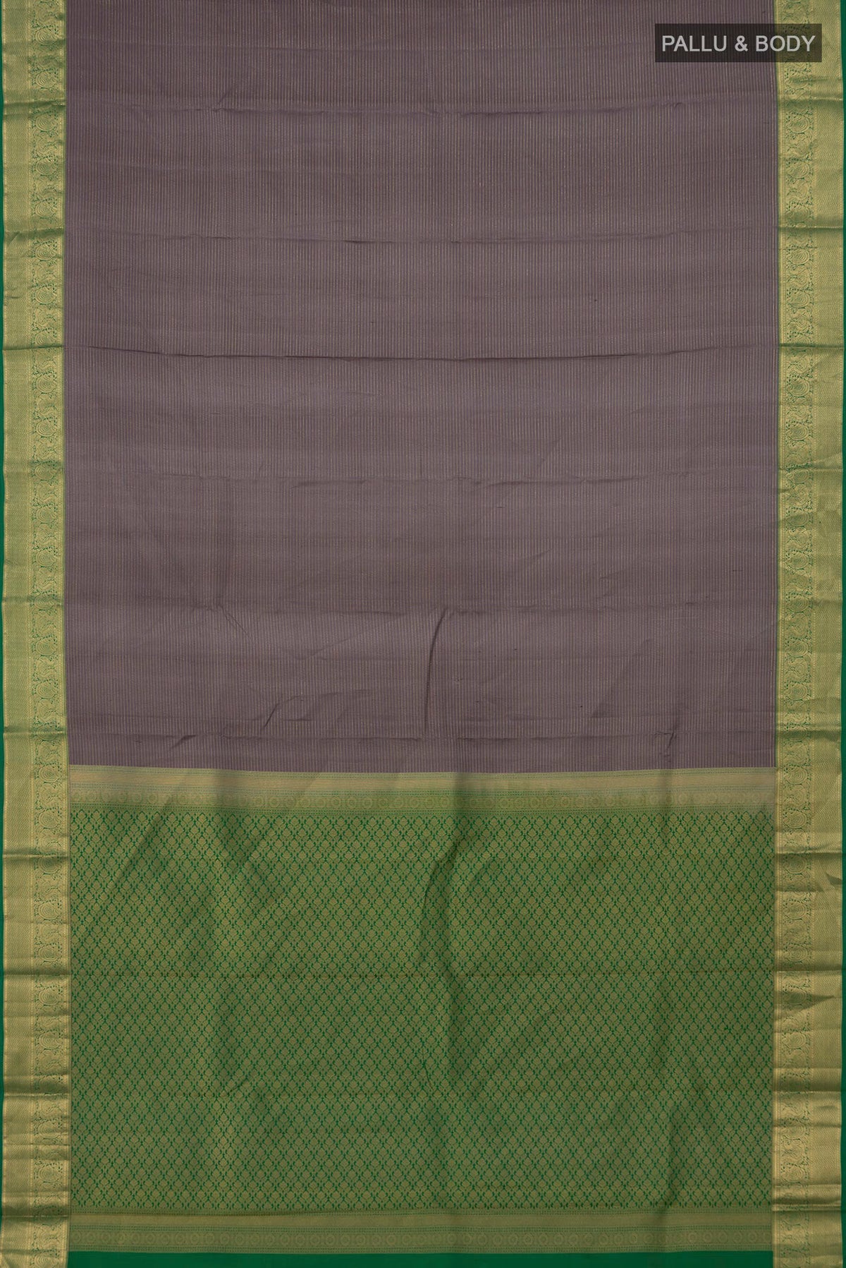Flat view of Grey Kanchipuram Saree with Stripes on the body and Zari Border. 