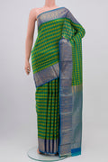 Multi Color Kanchipuram Saree with Checked design on the body and Zari Border.  displayed on a mannequin