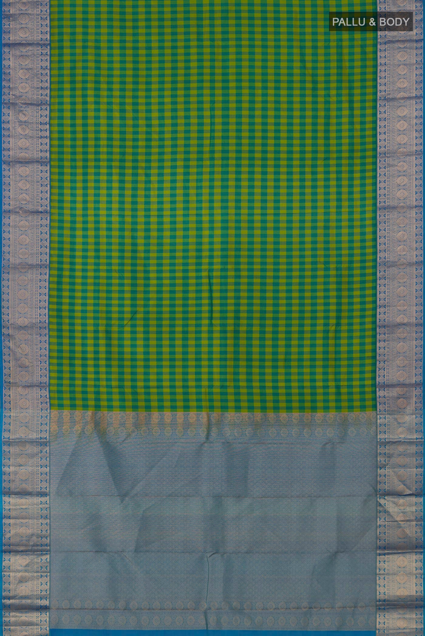 Flat view of Multi Color Kanchipuram Saree with Checked design on the body and Zari Border. 