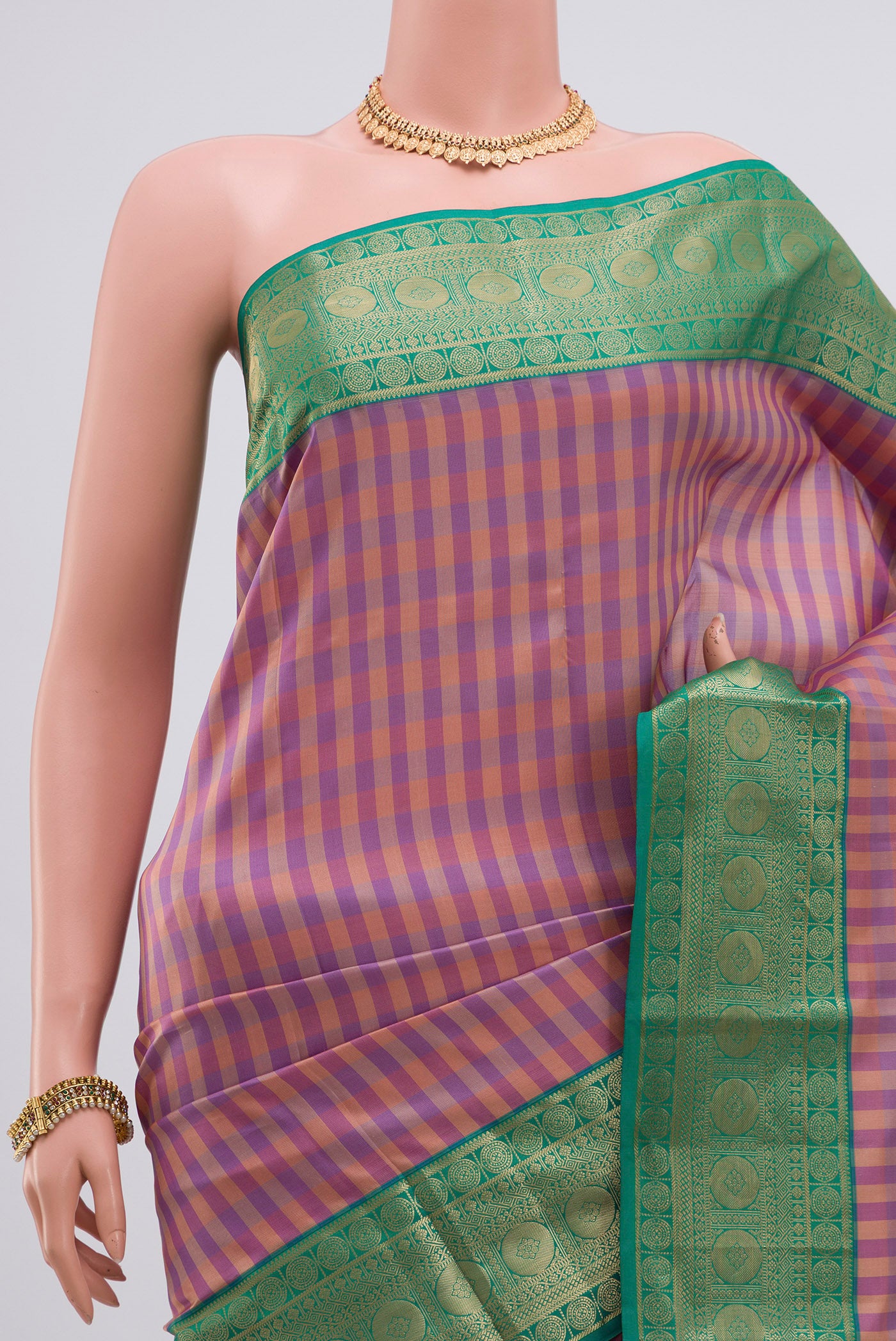 Border image of Multi Color Kanchipuram Silk Saree with Checked design on the body and Zari Border. 