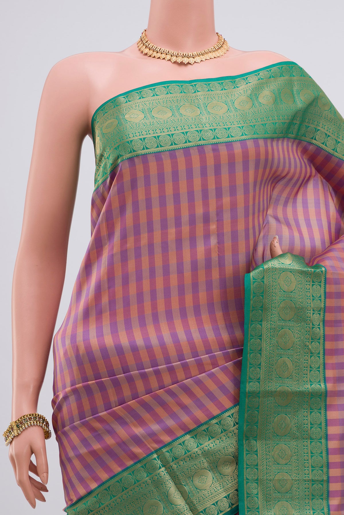 Border image of Multi Color Kanchipuram Silk Saree with Checked design on the body and Zari Border. 