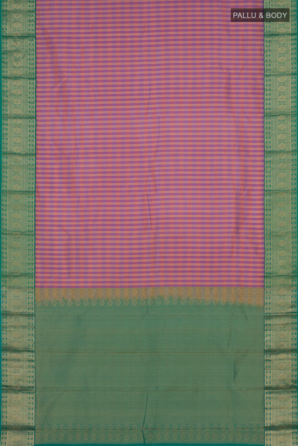 Flat view of Multi Color Kanchipuram Silk Saree with Checked design on the body and Zari Border. 