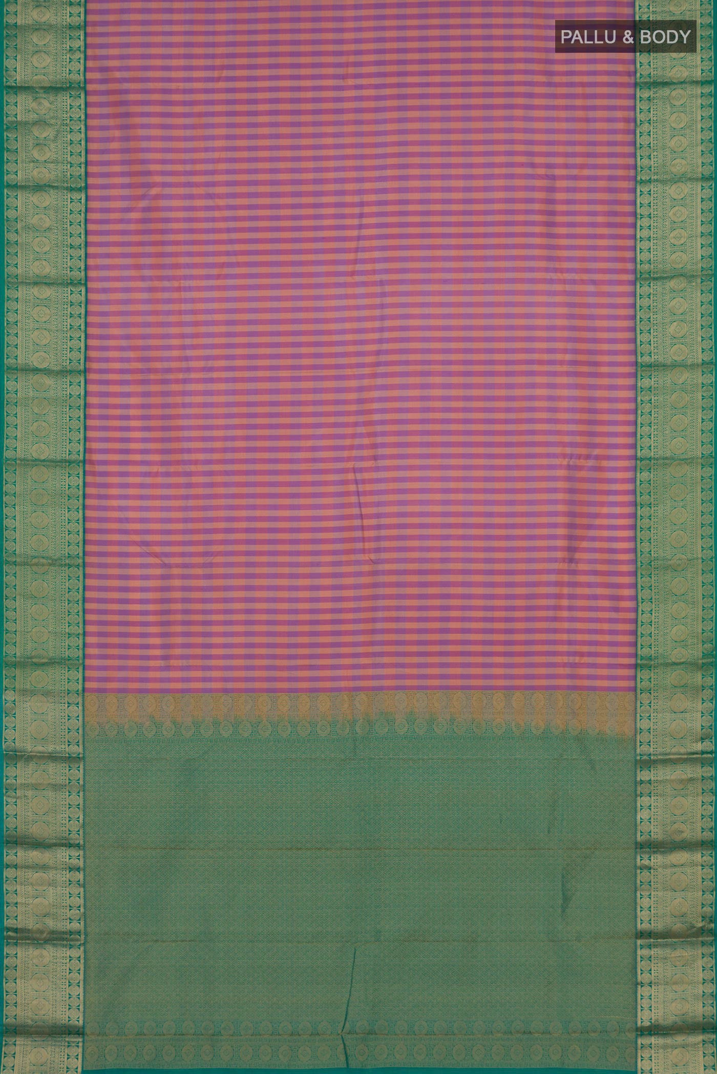 Flat view of Multi Color Kanchipuram Silk Saree with Checked design on the body and Zari Border. 