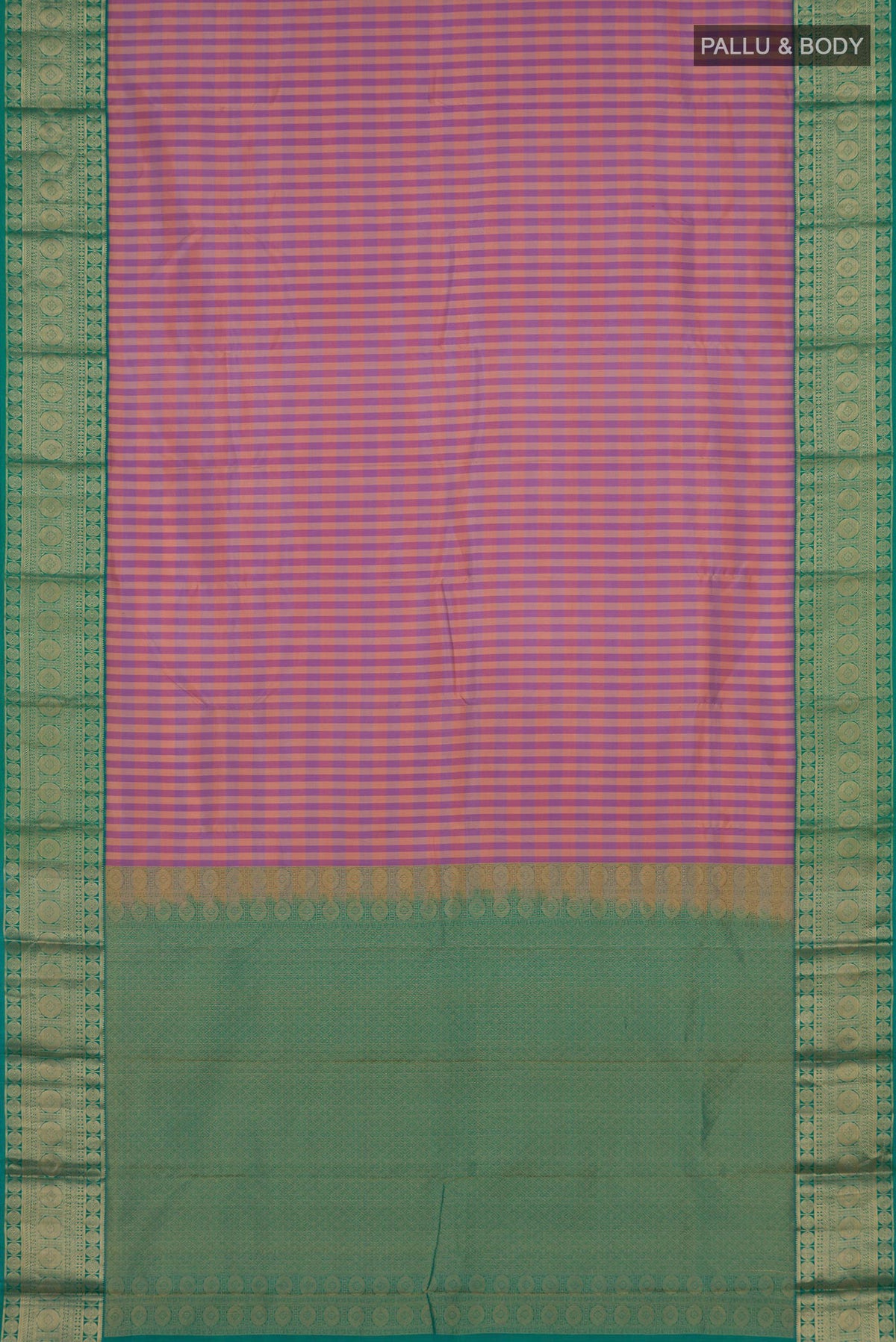 Flat view of Multi Color Kanchipuram Silk Saree with Checked design on the body and Zari Border. 