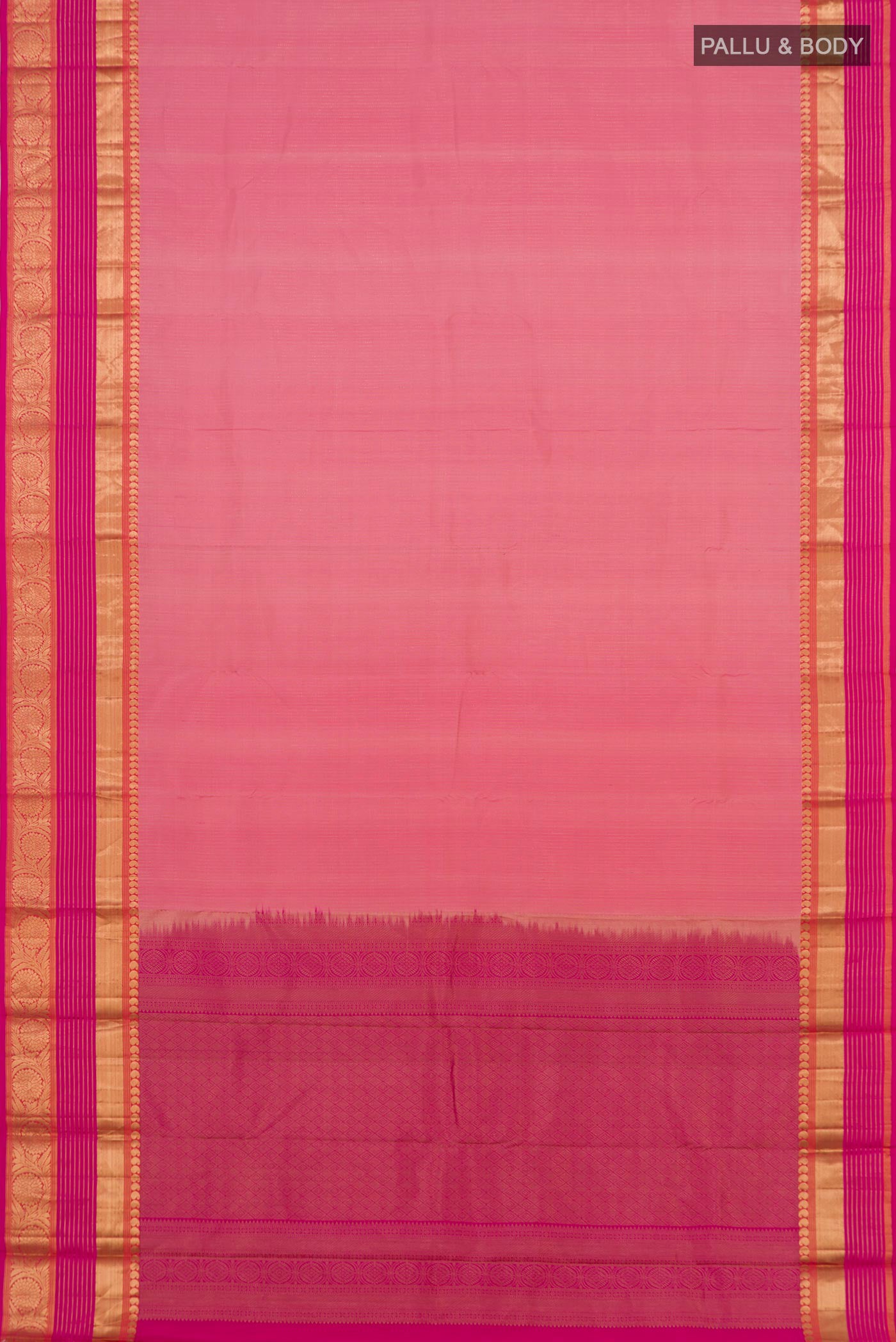 Flat view of Pink Kanjivaram Saree with Stripes on the body and Zari Border. 