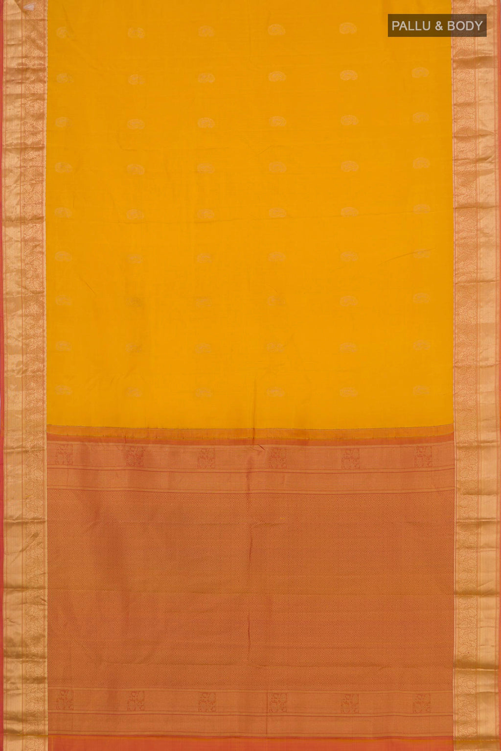 Flat view of Yellow Kanchipuram Silk Saree with Zari Butta on the body and Zari Border. 