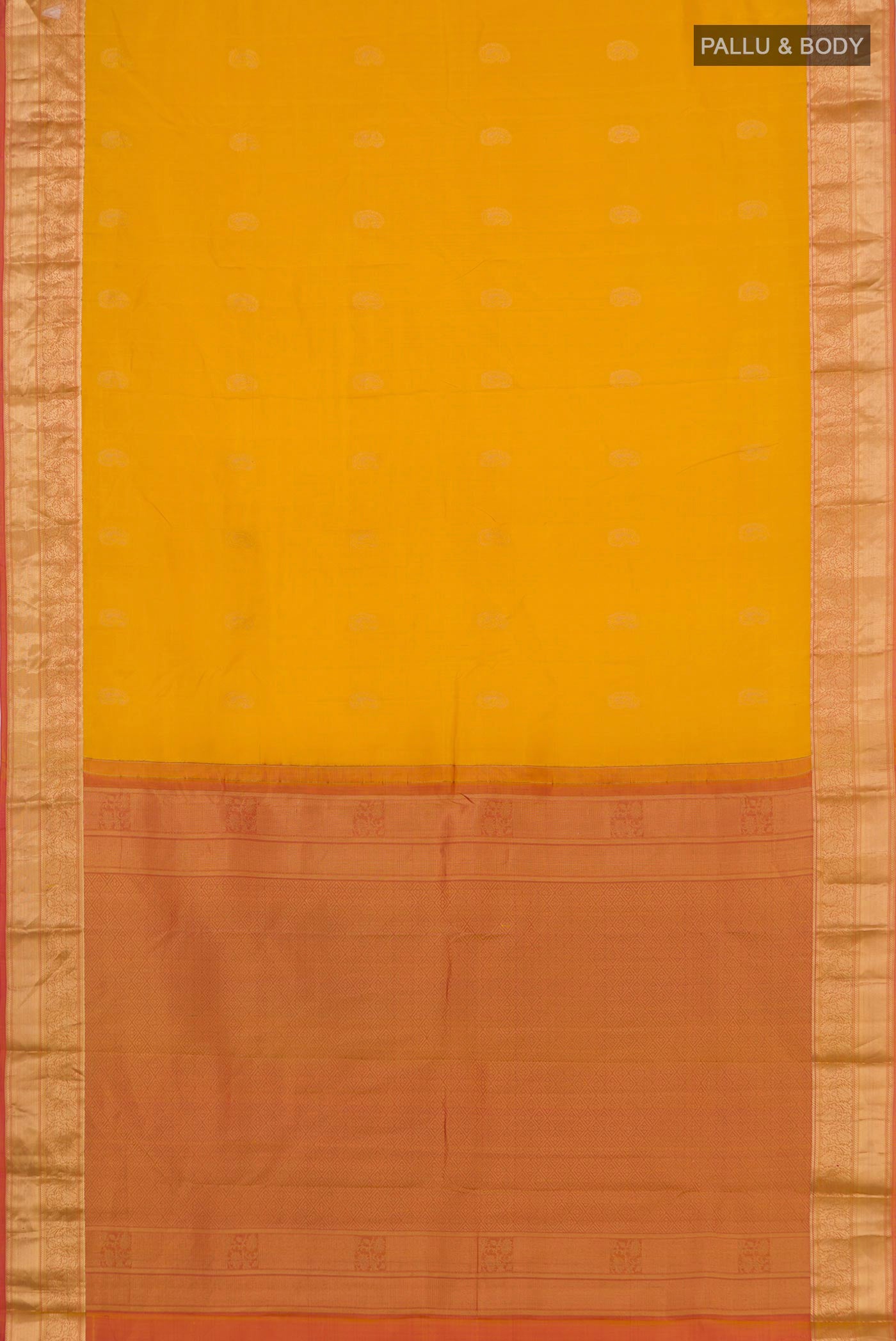 Flat view of Yellow Kanchipuram Silk Saree with Zari Butta on the body and Zari Border. 
