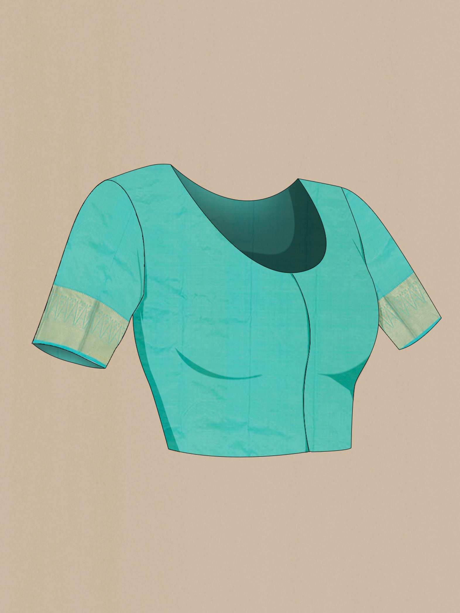 Close up image of the blouse of Sky Blue Bangalore Silk Saree with Zari Brocade on the body and Zari Border. 