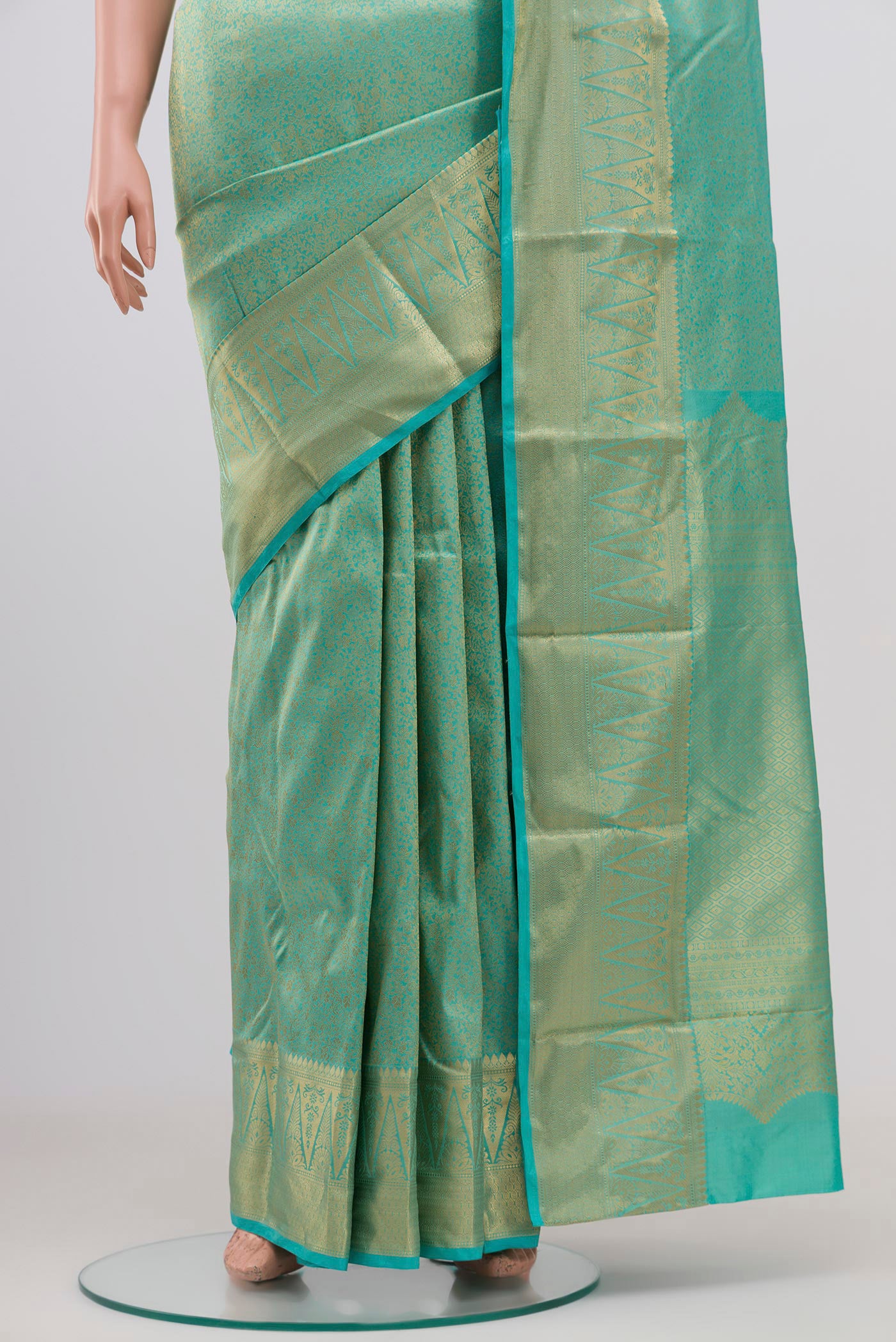 Pleats and pallu of Sky Blue Bangalore Silk Saree with Zari Brocade on the body and Zari Border. 