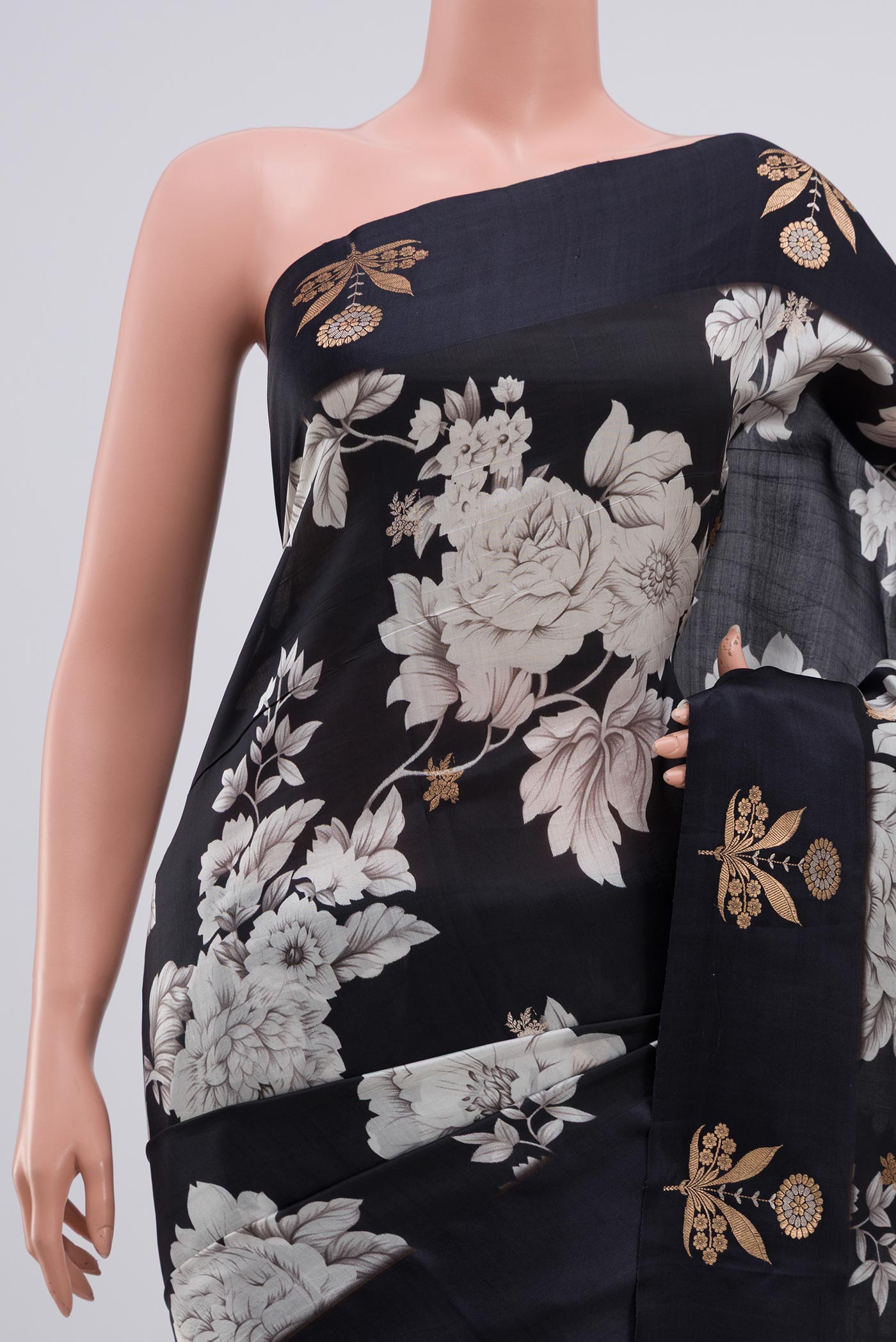 Border image of Black Banarasi Katan Silk Saree with Floral Print on the body and Fancy Border. 