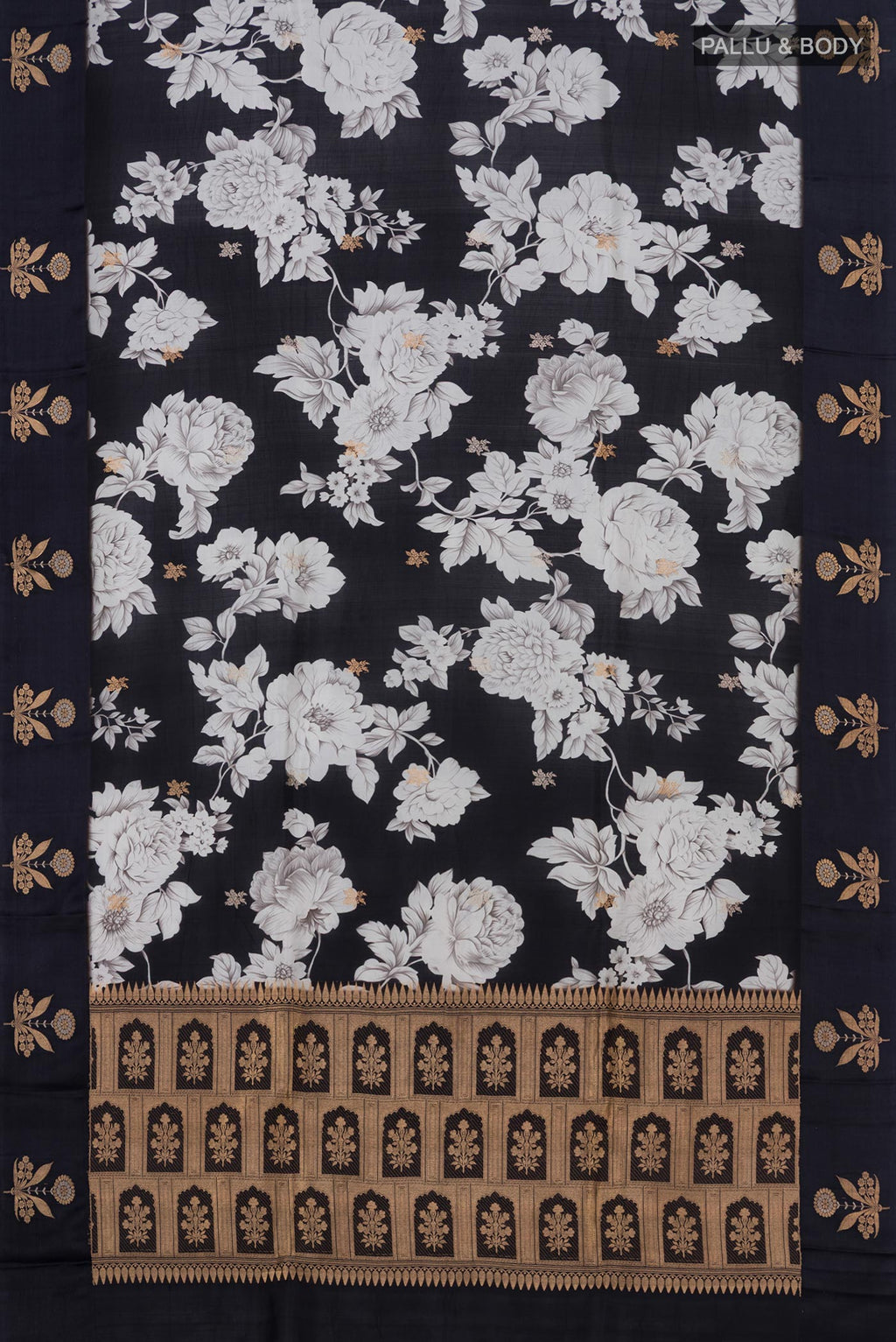 Flat view of Black Banarasi Katan Silk Saree with Floral Print on the body and Fancy Border. 