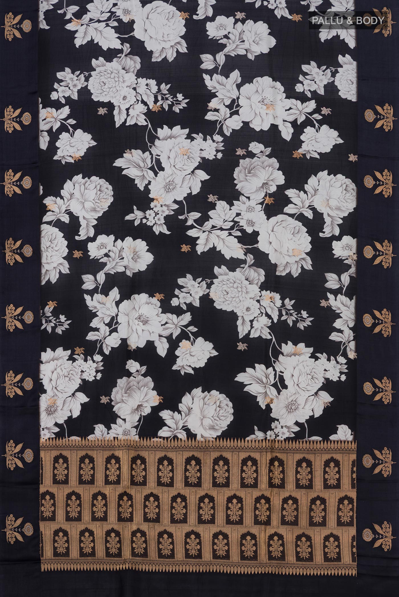 Flat view of Black Banarasi Katan Silk Saree with Floral Print on the body and Fancy Border. 