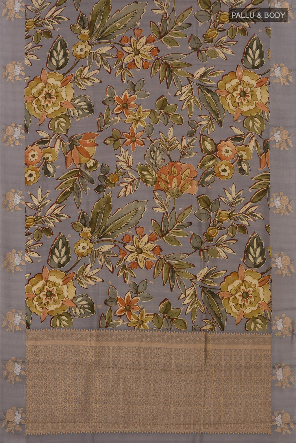 Flat view of Grey Banarasi Saree with Fancy on the body and Fancy Border. 