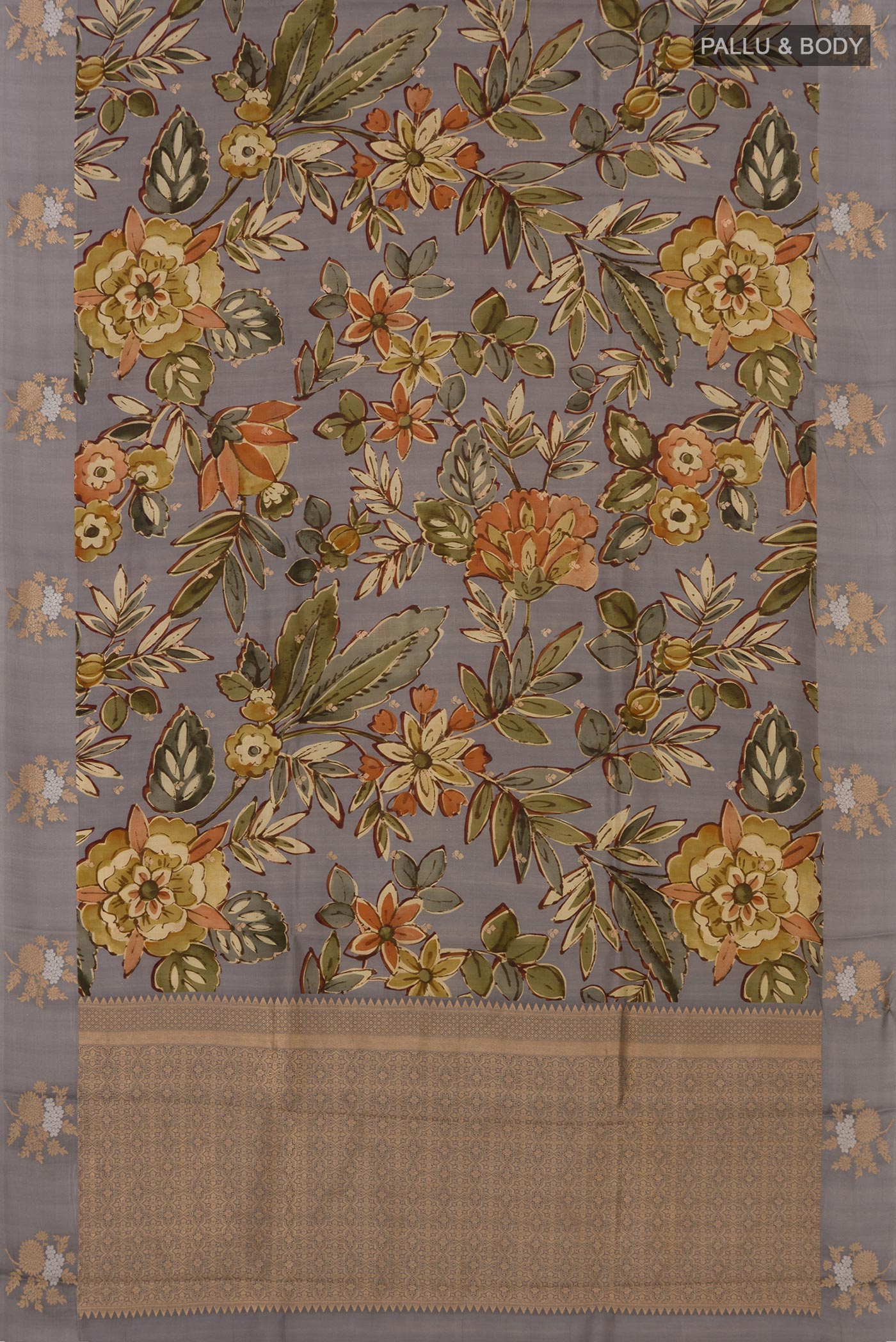Flat view of Grey Banarasi Saree with Fancy on the body and Fancy Border. 