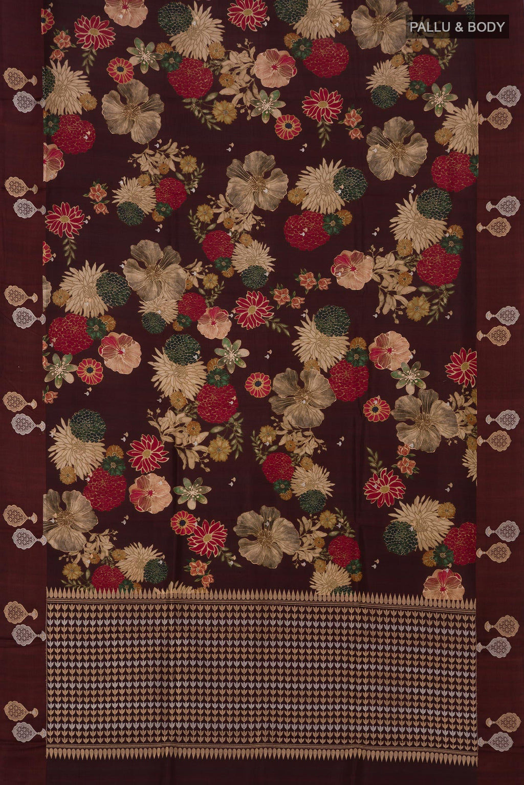 Flat view of Brown Banarasi Saree with Fancy on the body and Fancy Border. 