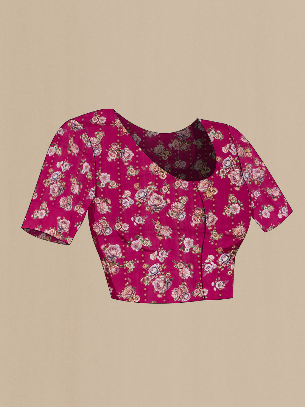 Close up image of the blouse of Pink Banarasi Katan Silk Saree with Floral Print on the body and Fancy Border. 