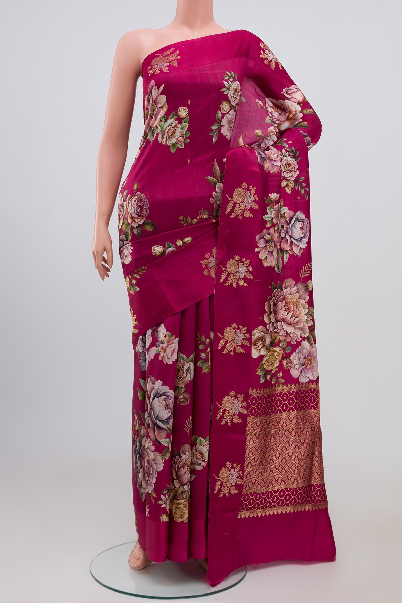 Pink Banarasi Katan Silk Saree with Floral Print on the body and Fancy Border.  displayed on a mannequin