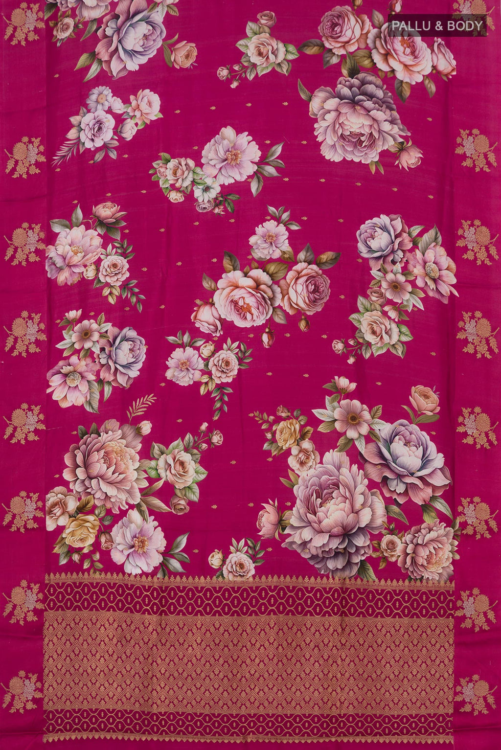 Flat view of Pink Banarasi Katan Silk Saree with Floral Print on the body and Fancy Border. 