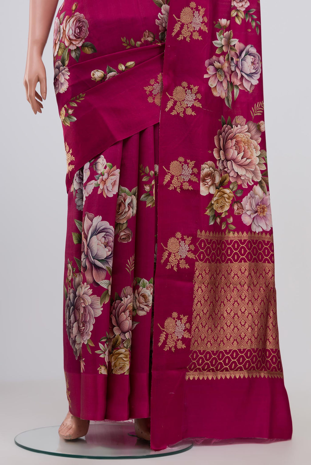 Pleats and pallu of Pink Banarasi Katan Silk Saree with Floral Print on the body and Fancy Border. 