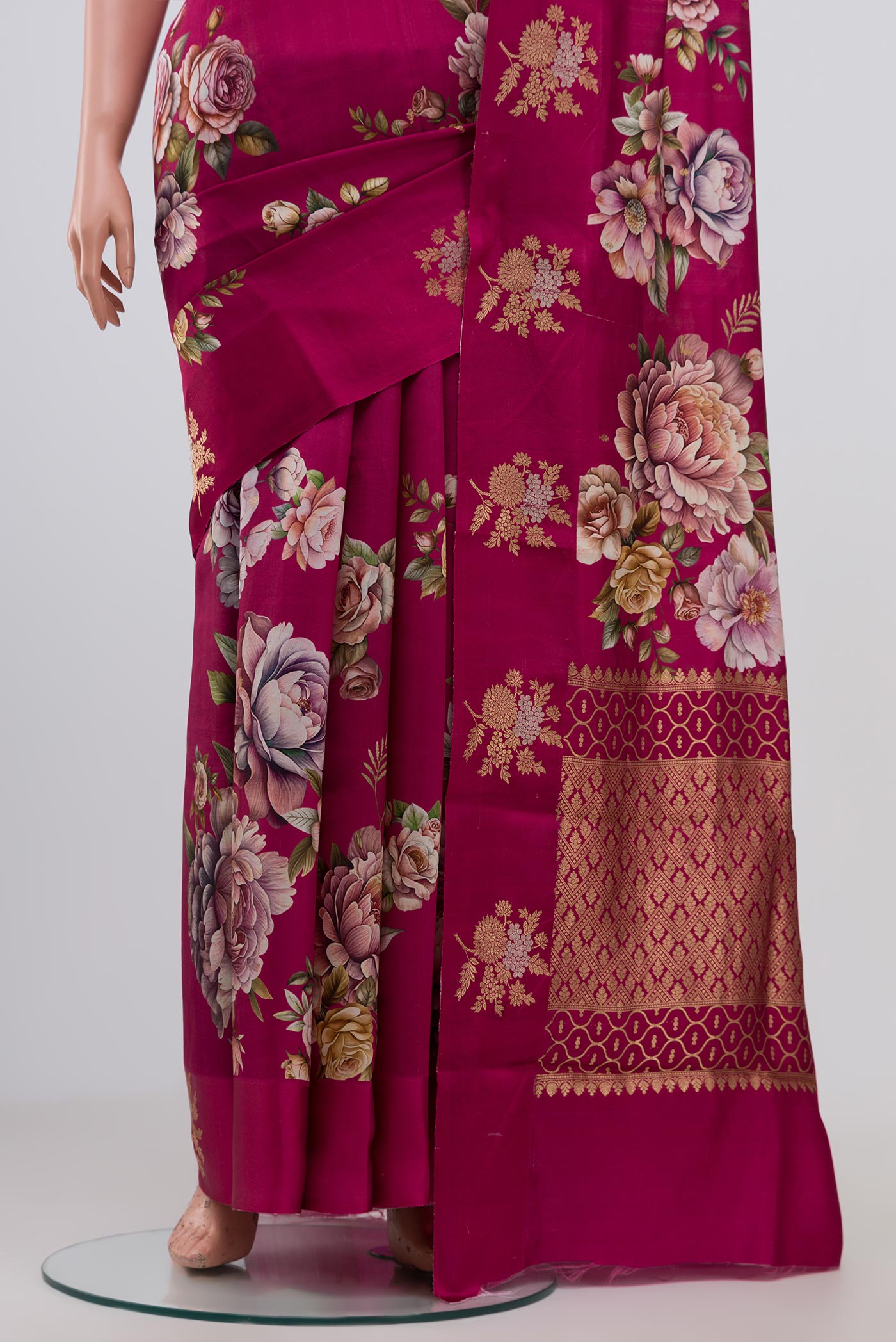 Pleats and pallu of Pink Banarasi Katan Silk Saree with Floral Print on the body and Fancy Border. 