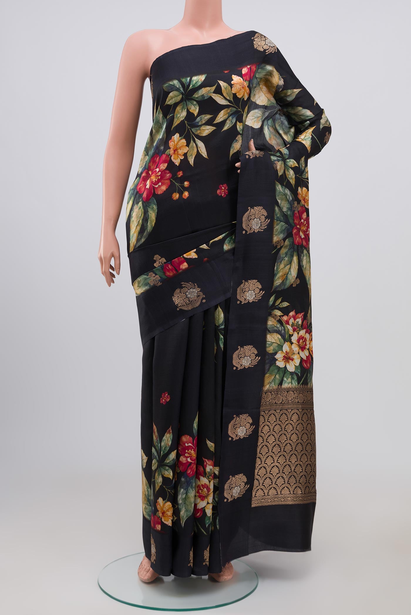 Black Banarasi Saree with Fancy on the body and Fancy Border.  displayed on a mannequin