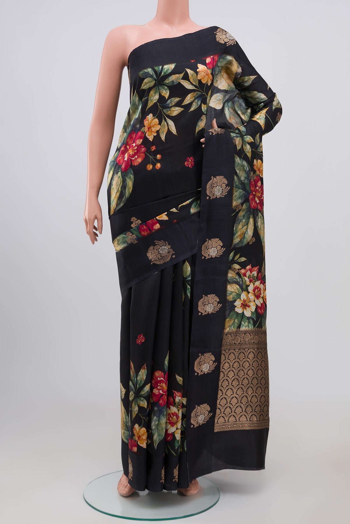 Black Banarasi Saree with Fancy on the body and Fancy Border.  displayed on a mannequin