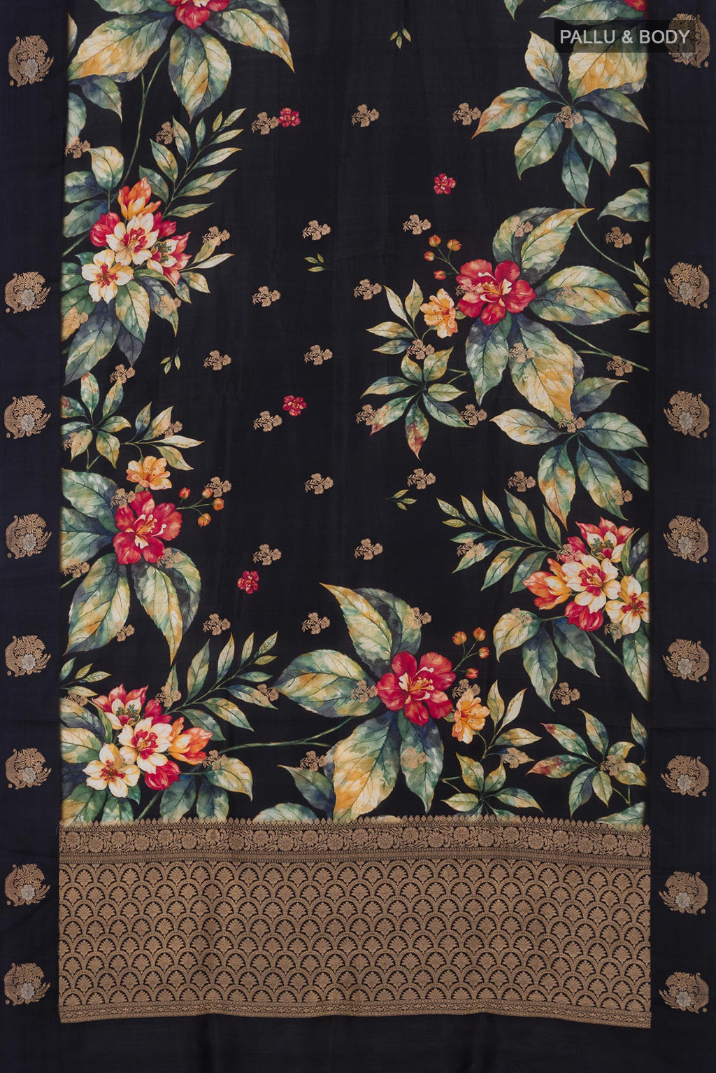 Flat view of Black Banarasi Saree with Fancy on the body and Fancy Border. 
