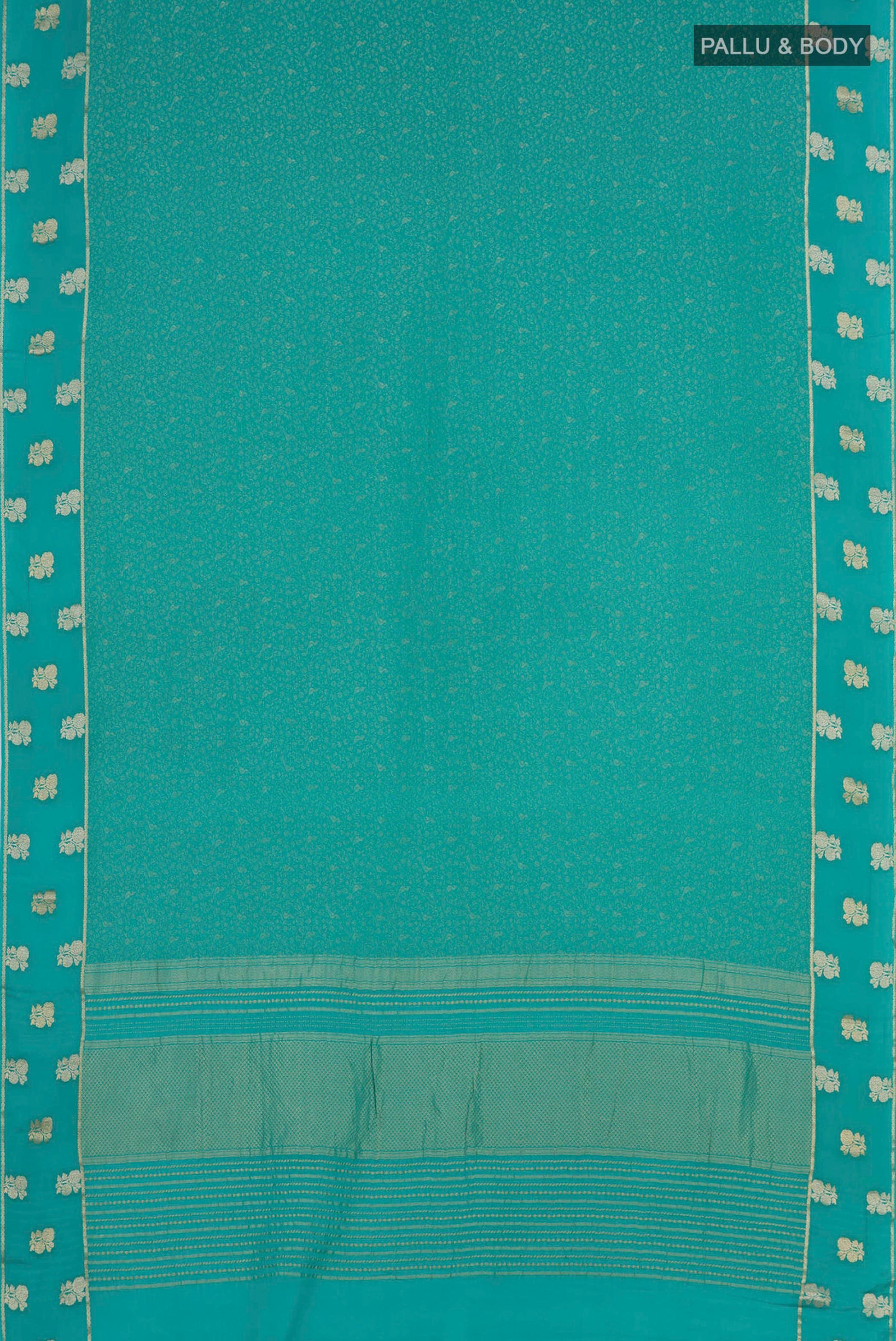 Flat view of Sky Blue Mysore Georgette Saree with Zari Brocade on the body and Fancy Border. 