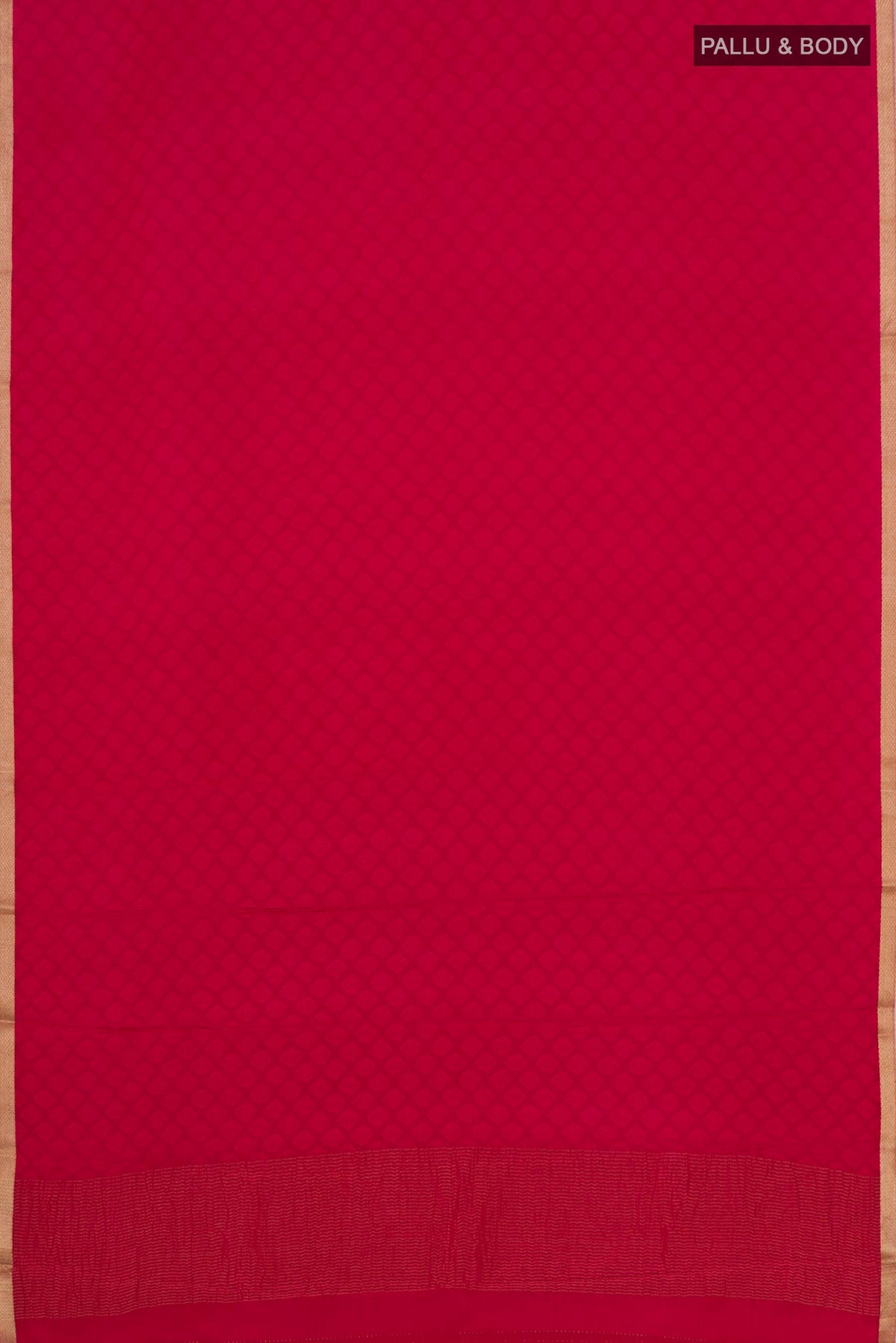 Flat view of Pink Crepe Saree with Jacquard design on the body and Zari Border. 