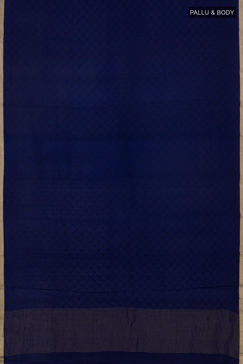 Flat view of Navy Blue Mysore Silk Saree with Jacquard design on the body and Zari Border. 