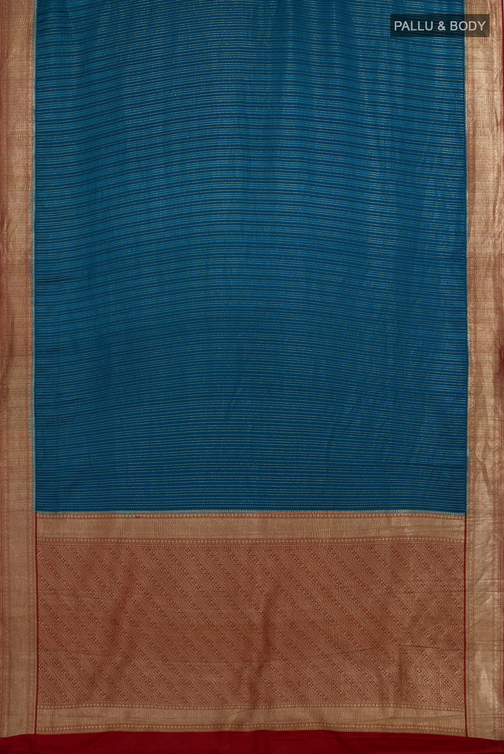 Flat view of Blue Mysore Crepe Saree with Stripes on the body and Zari Border. 