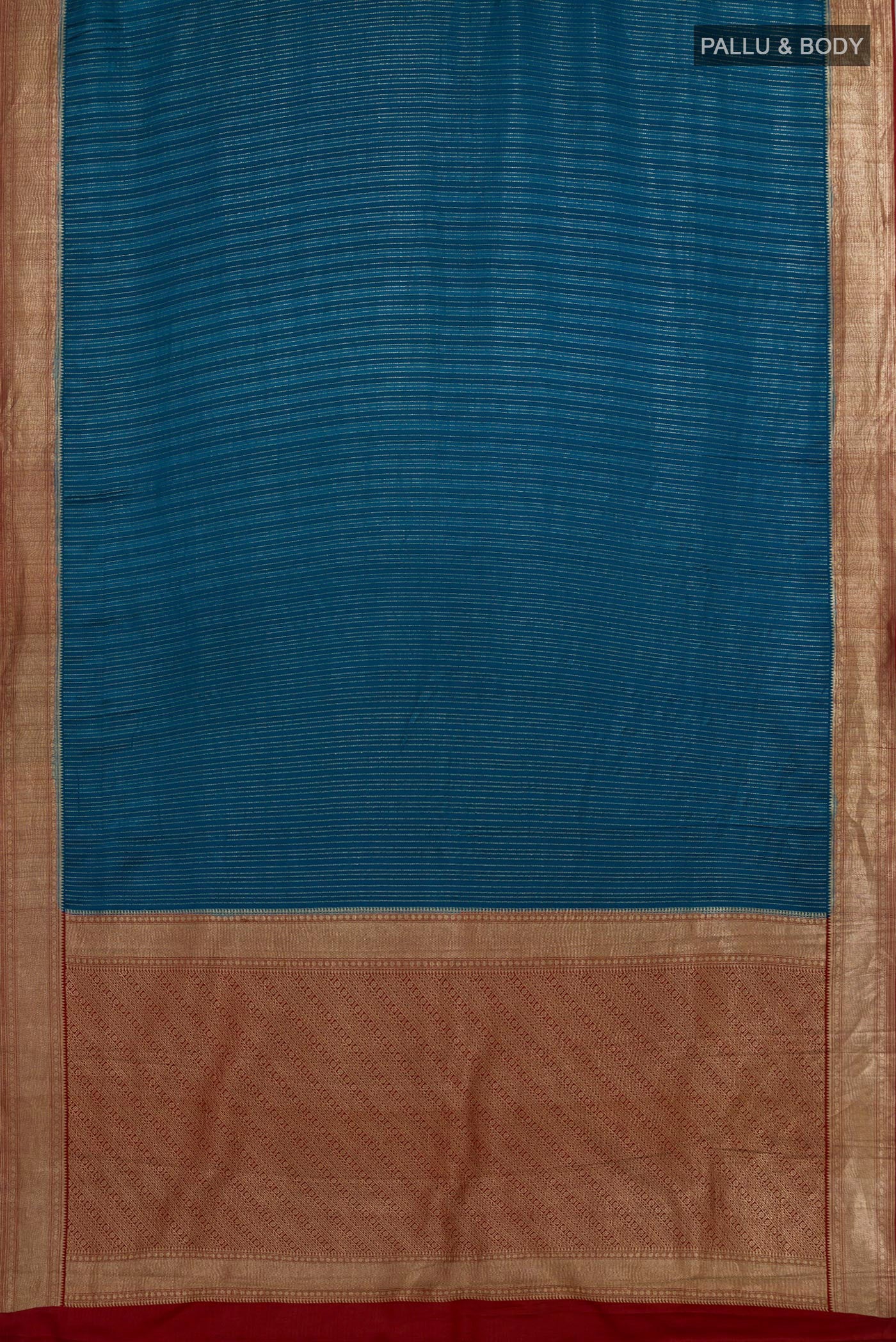 Flat view of Blue Mysore Crepe Saree with Stripes on the body and Zari Border. 