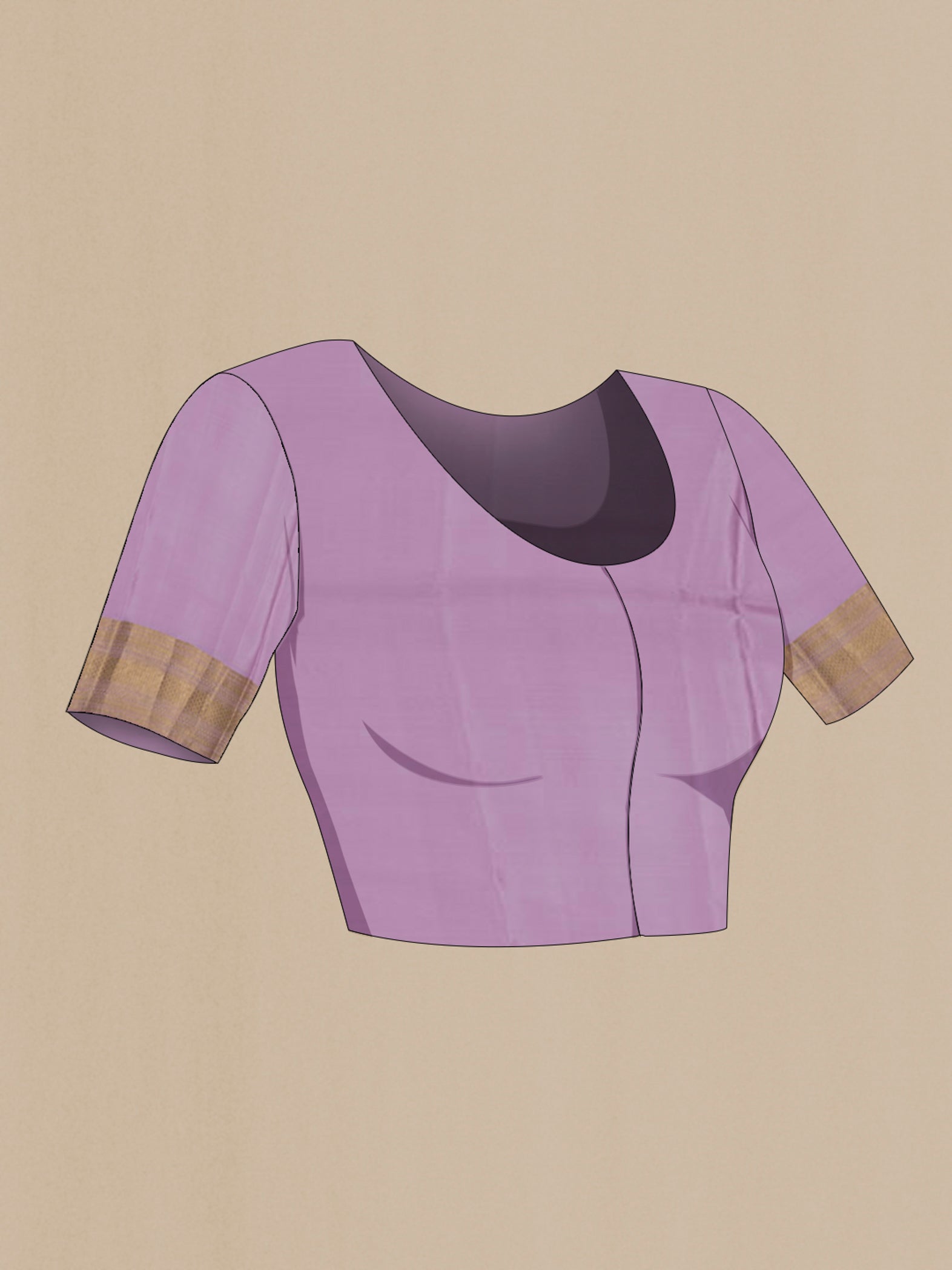 Close up image of the blouse of Lavender Mysore Crepe Saree with Stripes on the body and Zari Border. 