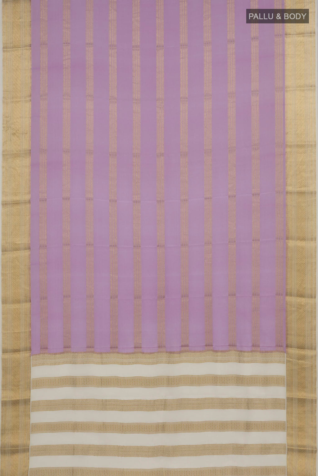 Flat view of Lavender Mysore Crepe Saree with Stripes on the body and Zari Border. 