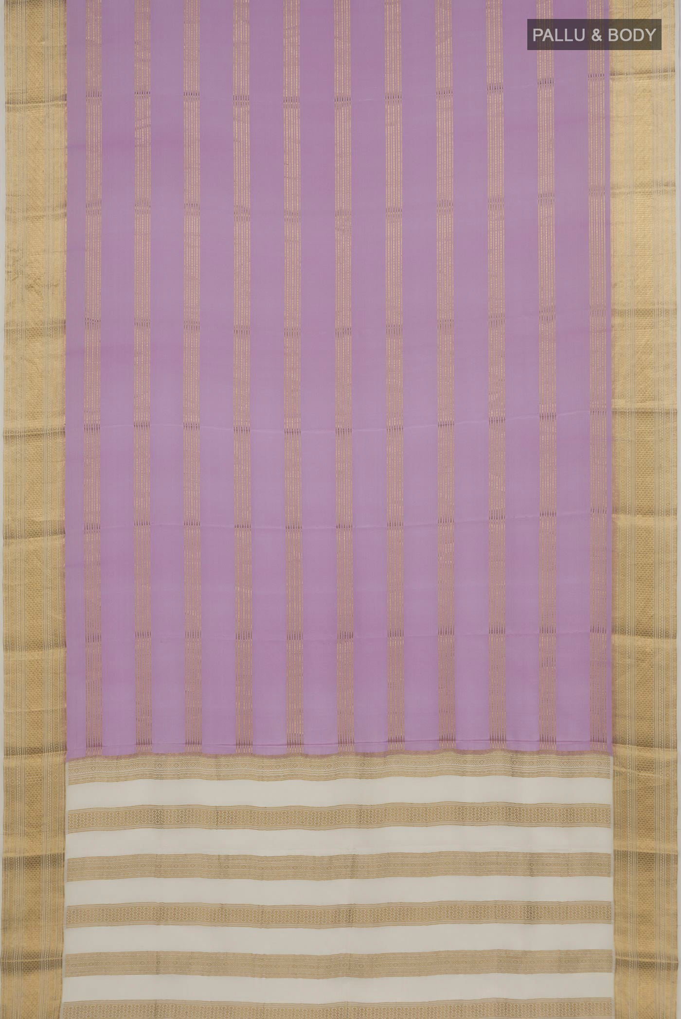 Flat view of Lavender Mysore Crepe Saree with Stripes on the body and Zari Border. 
