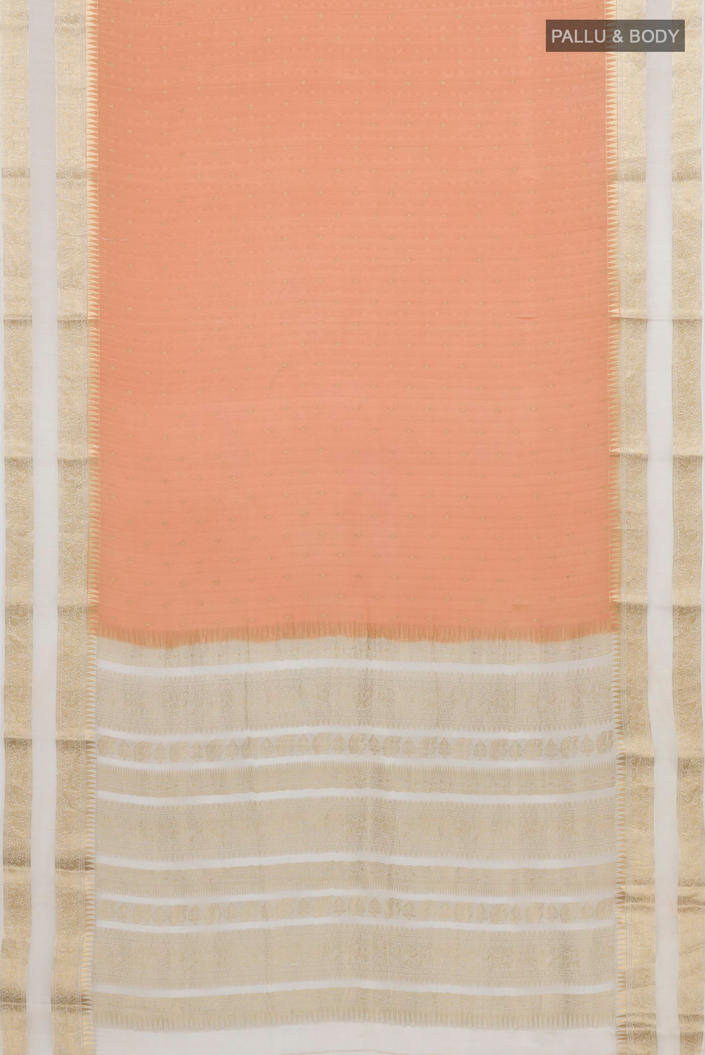 Flat view of Peach Mysore Crepe Saree with Jacquard With Zari Butta on the body and Zari Border. 