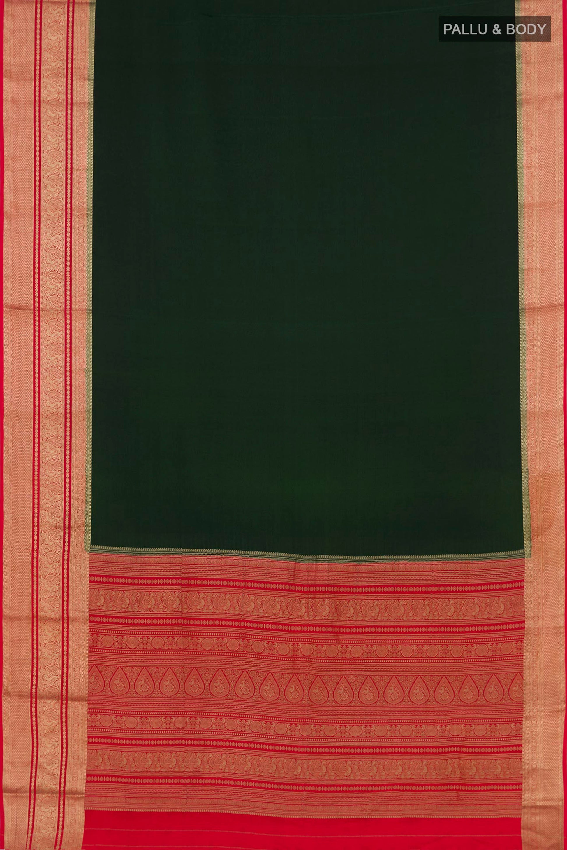 Flat view of Green Mysore Crepe Saree with Plain Body and Zari Border. 