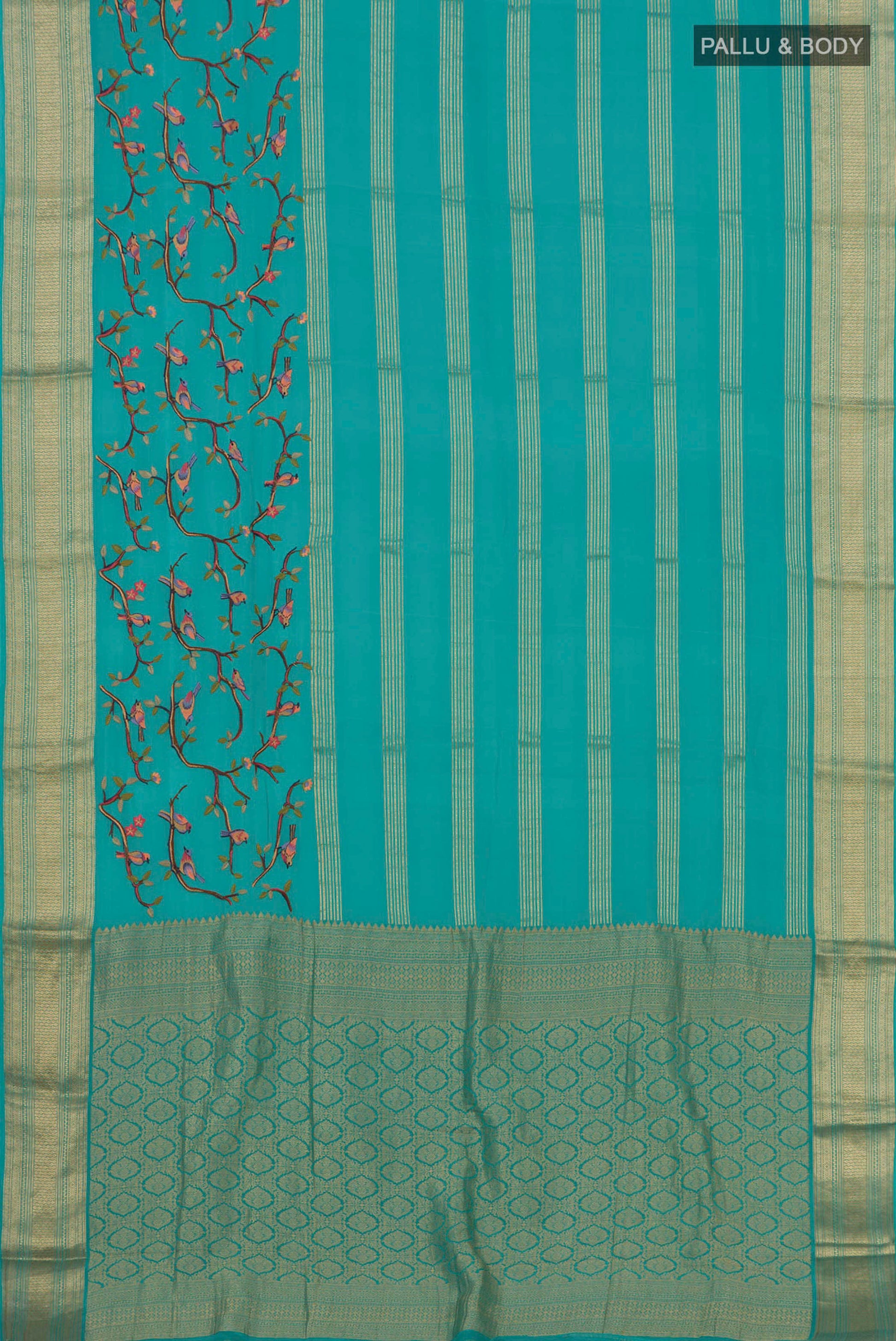 Flat view of Blue Mysore Crepe Saree with Fancy on the body and Zari Border. 