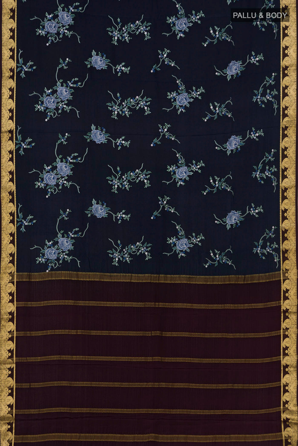 Flat view of Blue Mysore Crepe Saree with Fancy on the body and Zari Border. 