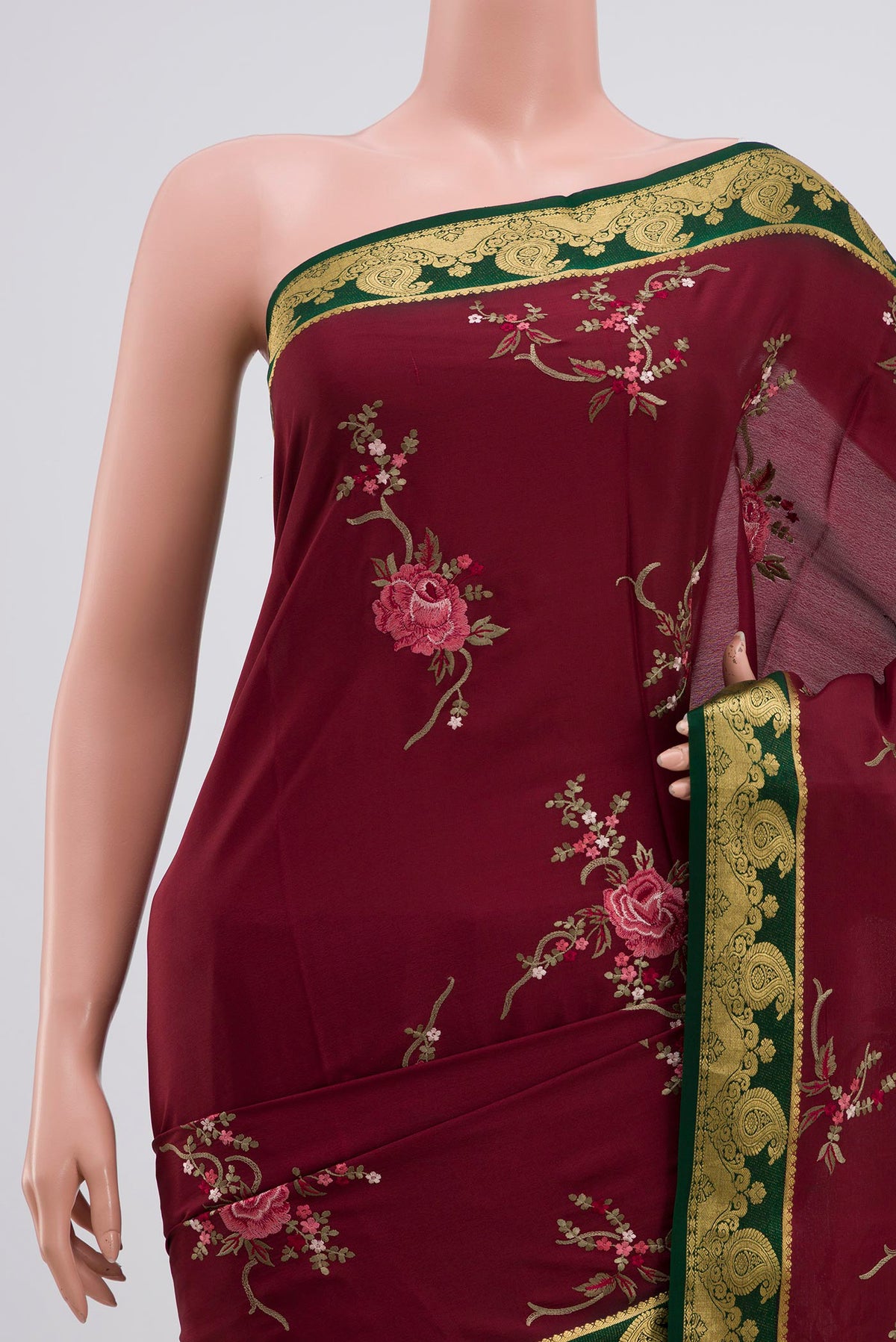 Border image of Maroon Mysore Crepe Saree with Fancy on the body and Zari Border. 